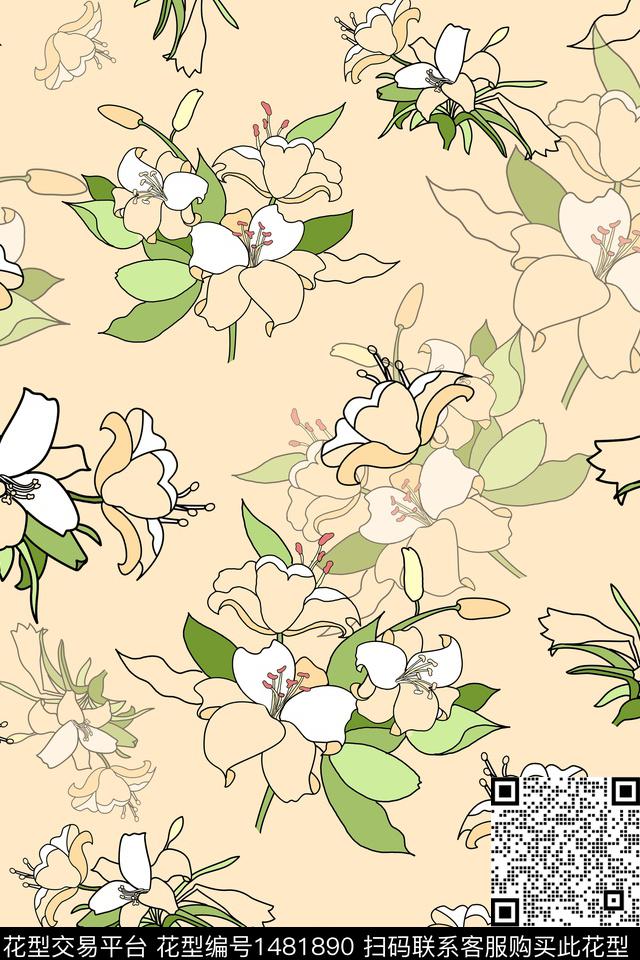 玉兰花花卉大牌风数码印花华亿平台下载（图片编号: 1481890） - 瓦栏（Walan）