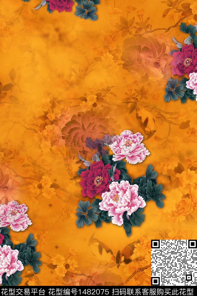 花卉中国风牡丹数码印花华亿平台下载（图片编号: 1482075） - 瓦栏（Walan）