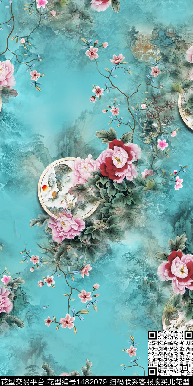 花卉中国风牡丹数码印花华亿平台下载（图片编号: 1482079） - 瓦栏（Walan）