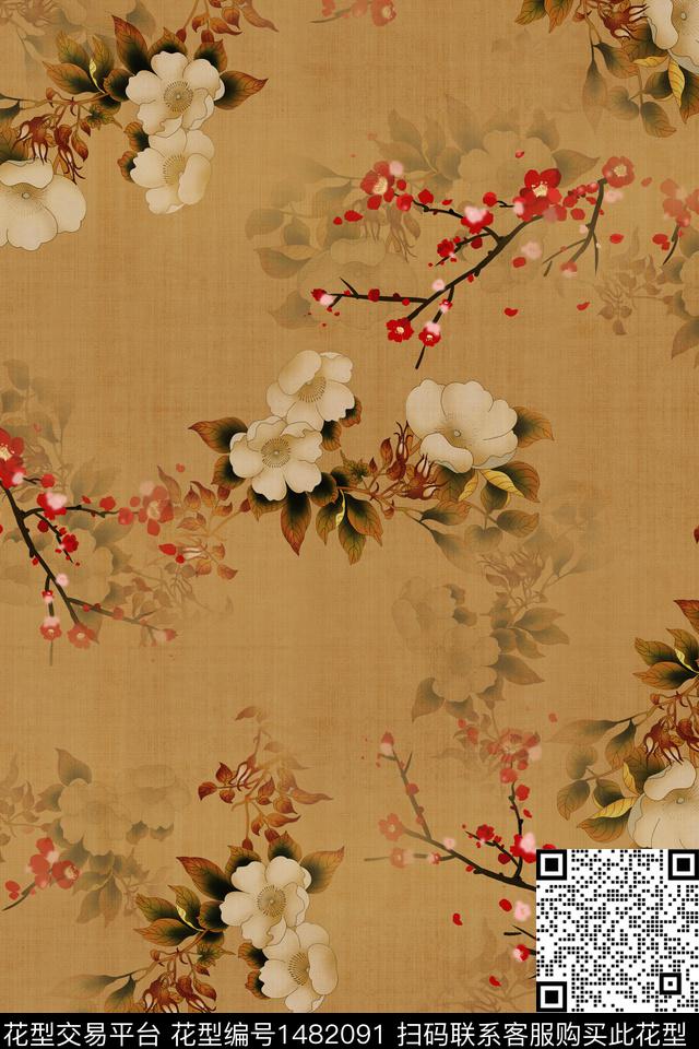 复古花卉旗袍数码印花华亿平台下载（图片编号: 1482091） - 瓦栏（Walan）