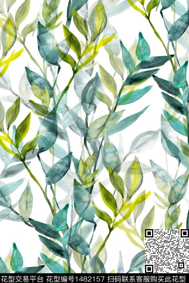 绿植树叶小清新真丝数码印花华亿平台下载（图片编号: 1482157） - 瓦栏（Walan）