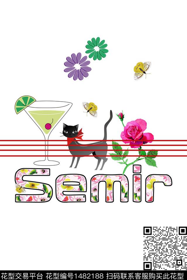 定位花小雏菊猫数码印花华亿平台下载（图片编号: 1482188） - 瓦栏（Walan）