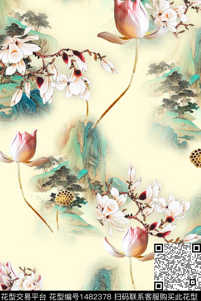 花卉中国风牡丹数码印花华亿平台下载（图片编号: 1482378） - 瓦栏（Walan）