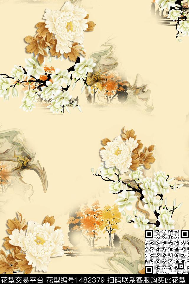 花卉中国风牡丹数码印花华亿平台下载（图片编号: 1482379） - 瓦栏（Walan）