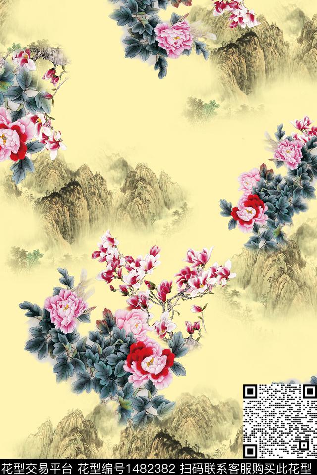 花卉中国风牡丹数码印花华亿平台下载（图片编号: 1482382） - 瓦栏（Walan）