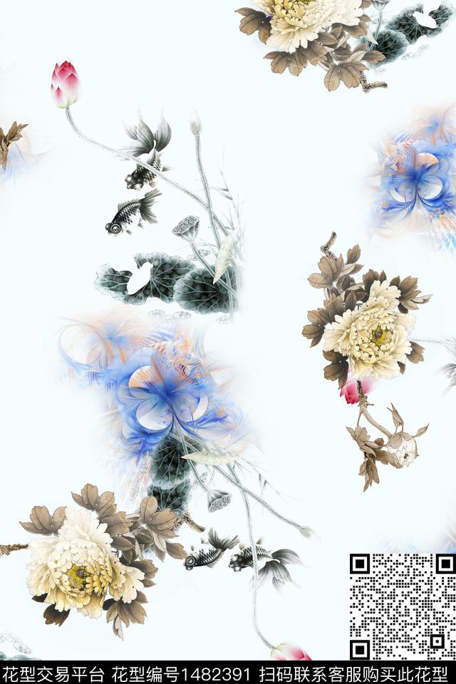 花卉中国风牡丹数码印花华亿平台下载（图片编号: 1482391） - 瓦栏（Walan）
