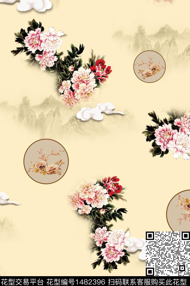 花卉中国风牡丹数码印花华亿平台下载（图片编号: 1482396） - 瓦栏（Walan）