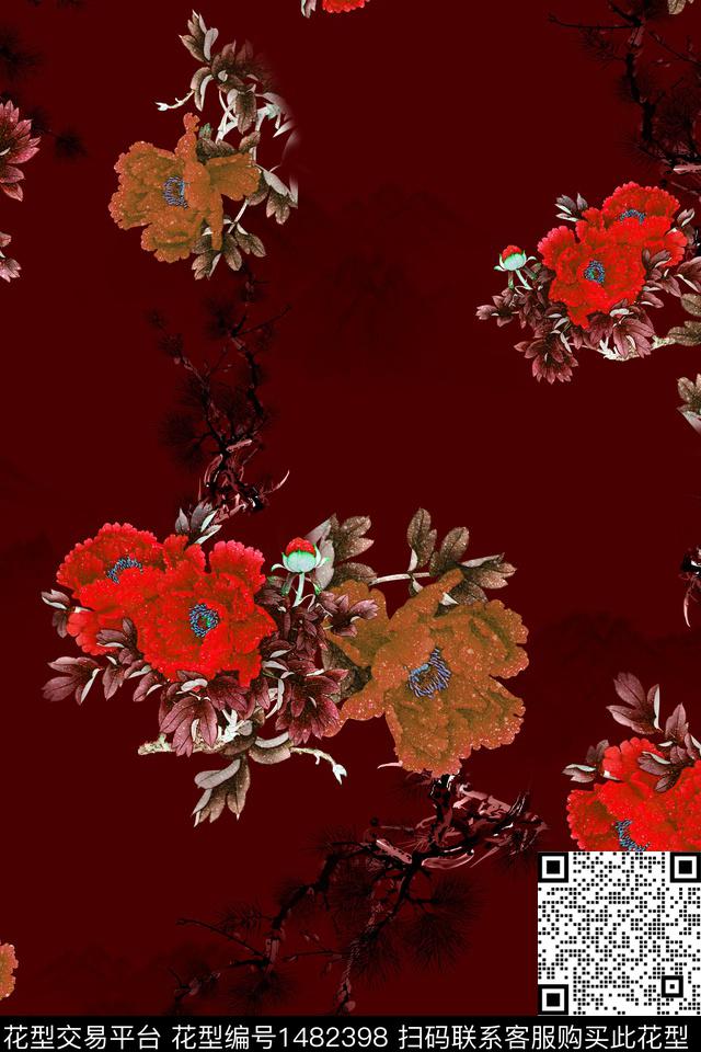 花卉中国风牡丹数码印花华亿平台下载（图片编号: 1482398） - 瓦栏（Walan）