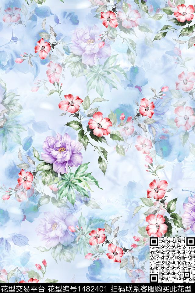 花卉小清新真丝数码印花华亿平台下载（图片编号: 1482401） - 瓦栏（Walan）