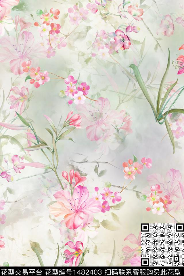 花卉小清新真丝数码印花华亿平台下载（图片编号: 1482403） - 瓦栏（Walan）