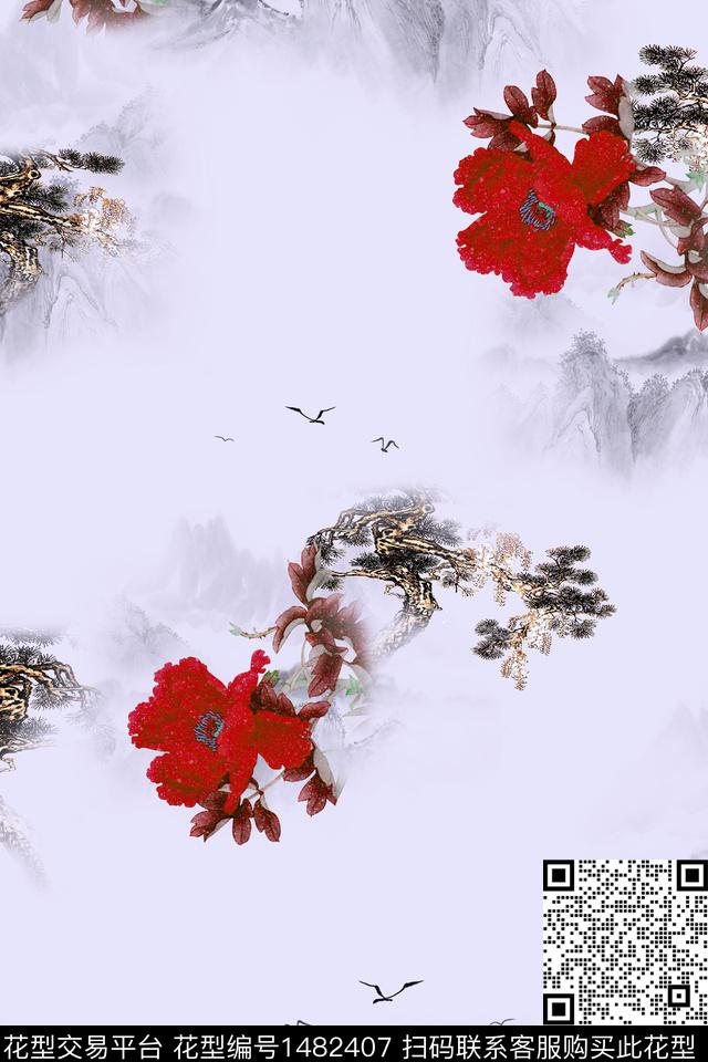 花卉中国风牡丹数码印花华亿平台下载（图片编号: 1482407） - 瓦栏（Walan）
