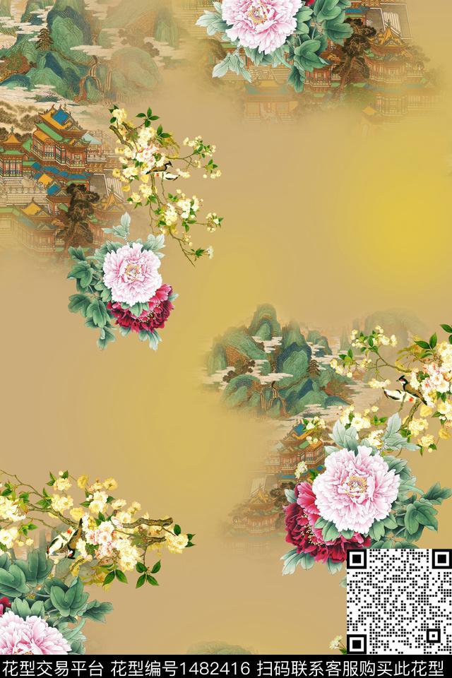 花卉中国风牡丹数码印花华亿平台下载（图片编号: 1482416） - 瓦栏（Walan）