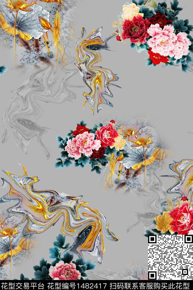 花卉中国风牡丹数码印花华亿平台下载（图片编号: 1482417） - 瓦栏（Walan）