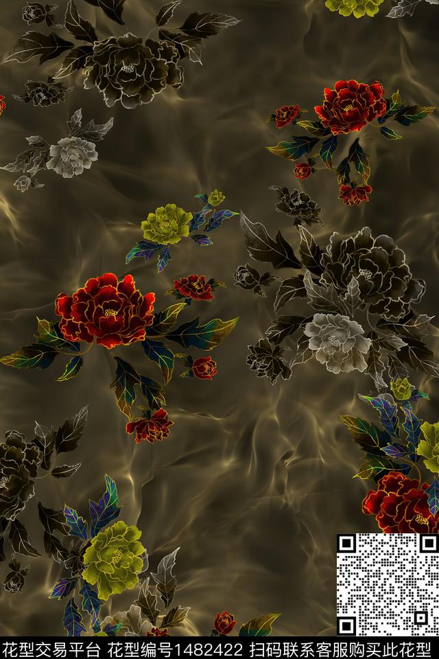 花卉中国风牡丹数码印花华亿平台下载（图片编号: 1482422） - 瓦栏（Walan）