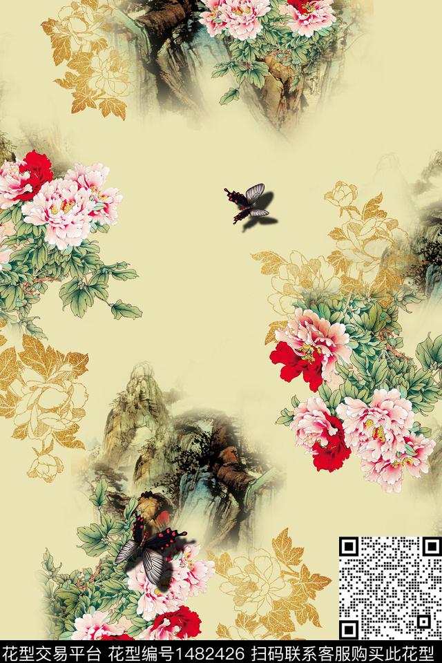 花卉中国风牡丹数码印花华亿平台下载（图片编号: 1482426） - 瓦栏（Walan）