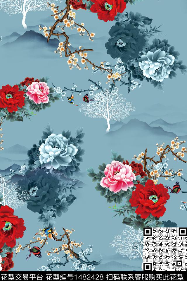 花卉中国风牡丹数码印花华亿平台下载（图片编号: 1482428） - 瓦栏（Walan）