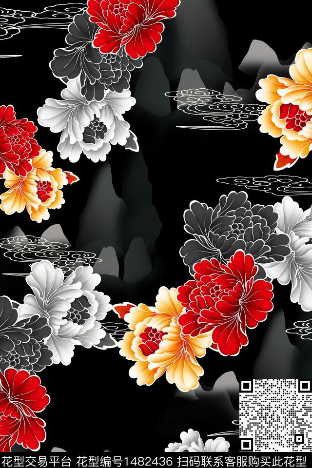 花卉中国风牡丹数码印花华亿平台下载（图片编号: 1482436） - 瓦栏（Walan）
