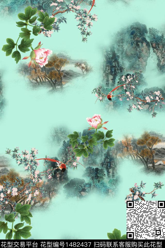 花卉中国风牡丹数码印花华亿平台下载（图片编号: 1482437） - 瓦栏（Walan）