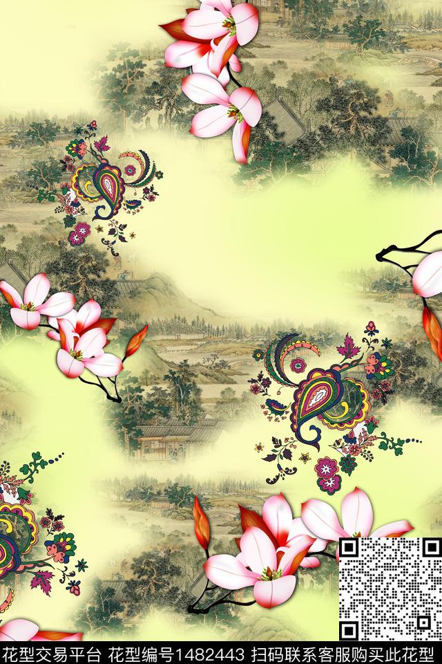 花卉中国风牡丹数码印花华亿平台下载（图片编号: 1482443） - 瓦栏（Walan）