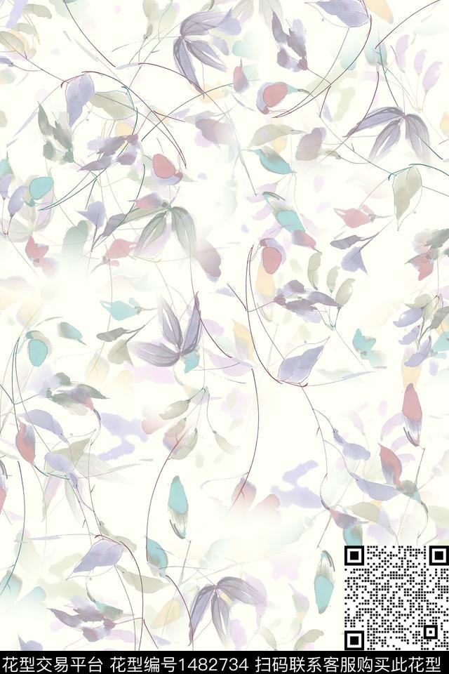 绿植树叶水彩大牌风数码印花华亿平台下载（图片编号: 1482734） - 瓦栏（Walan）