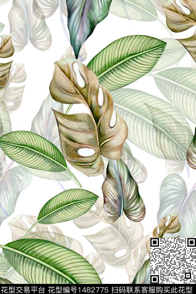 真丝热带华亿平台绿植树叶数码印花华亿平台下载（图片编号: 1482775） - 瓦栏（Walan）