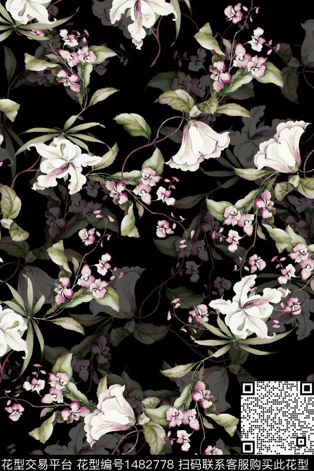 时尚花卉真丝数码印花华亿平台下载（图片编号: 1482778） - 瓦栏（Walan）