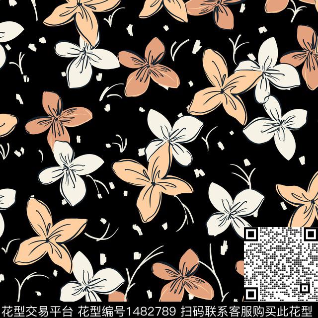 连衣裙黑底花卉定位花数码印花华亿平台下载（图片编号: 1482789） - 瓦栏（Walan）