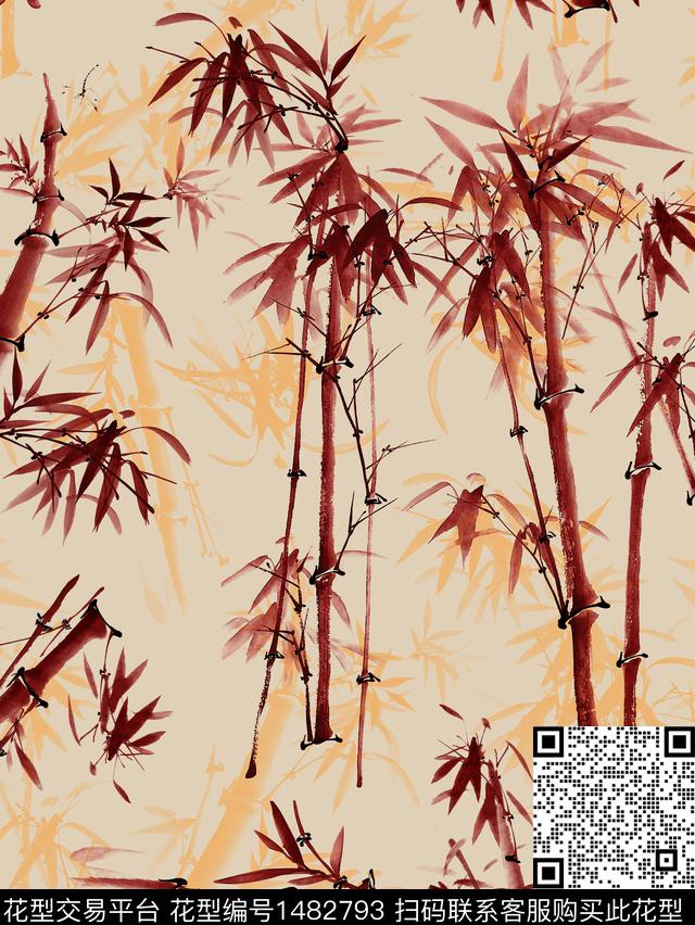 香云纱手绘竹子数码印花华亿平台下载（图片编号: 1482793） - 瓦栏（Walan）