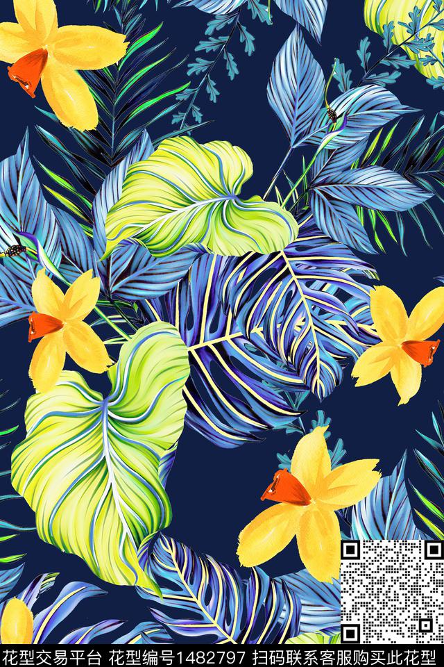 绿植树叶花卉热带华亿平台数码印花华亿平台下载（图片编号: 1482797） - 瓦栏（Walan）