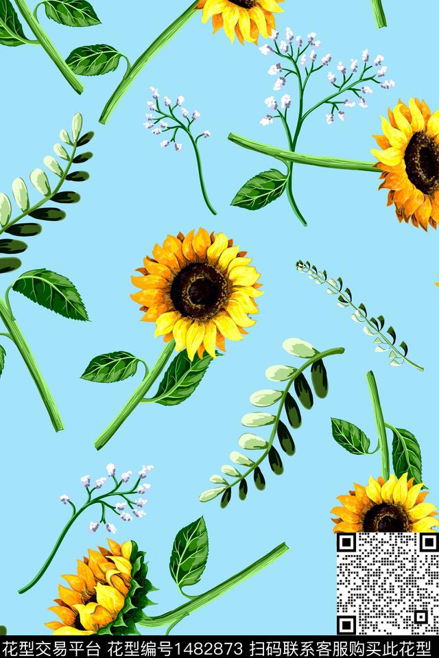 向日葵花卉小碎花数码印花华亿平台下载（图片编号: 1482873） - 瓦栏（Walan）