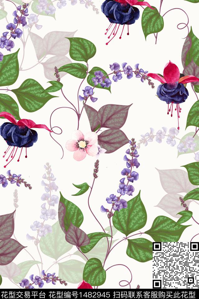 绿植树叶小清新藤蔓数码印花华亿平台下载（图片编号: 1482945） - 瓦栏（Walan）