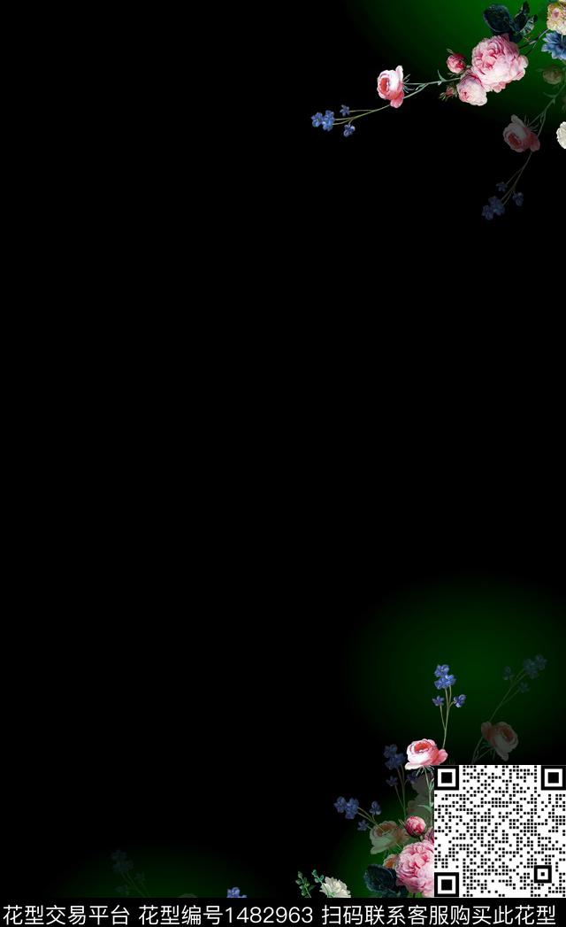 渐变黑底花卉定位花数码印花华亿平台下载（图片编号: 1482963） - 瓦栏（Walan）
