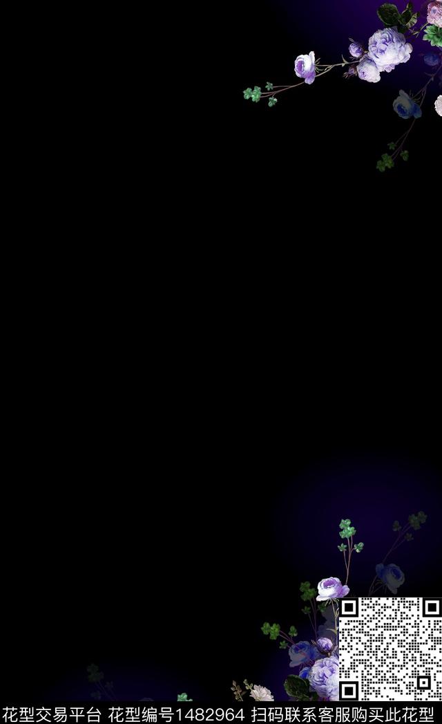 渐变黑底花卉定位花数码印花华亿平台下载（图片编号: 1482964） - 瓦栏（Walan）