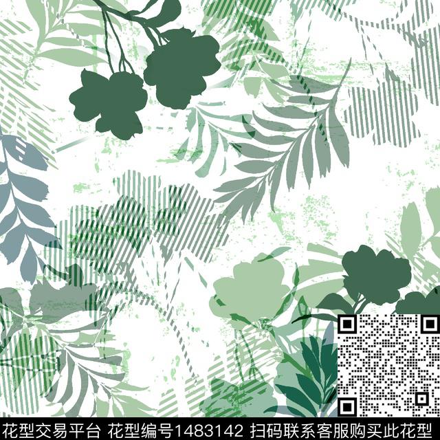 小清新真丝绿植树叶数码印花华亿平台下载（图片编号: 1483142） - 瓦栏（Walan）