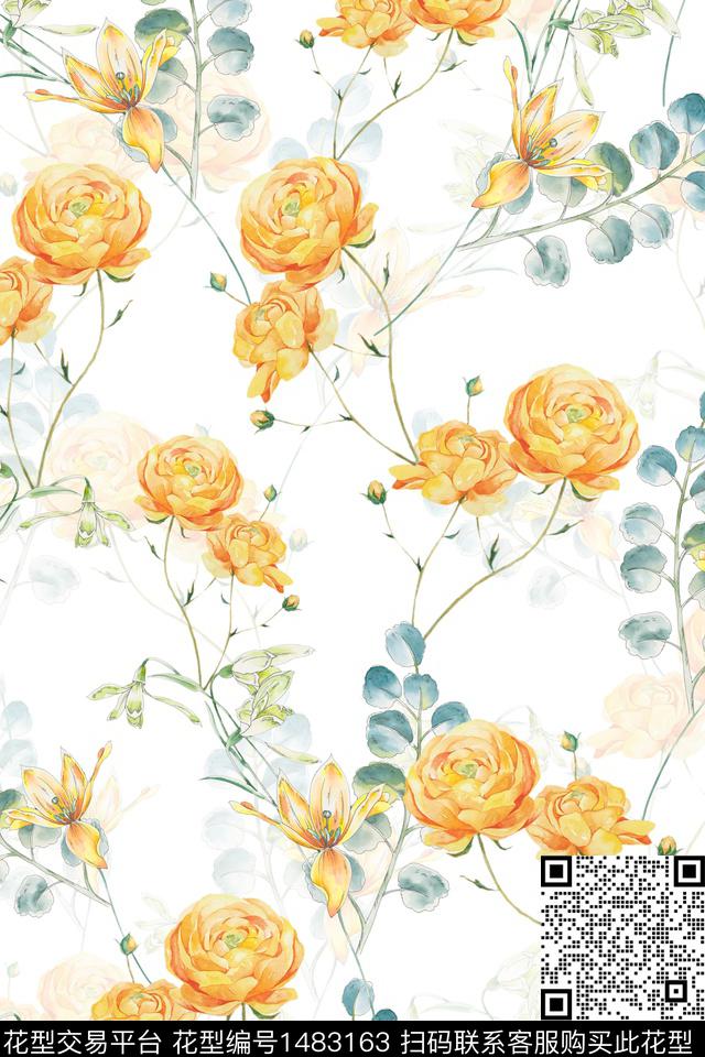 绿植树叶水彩大牌风数码印花华亿平台下载（图片编号: 1483163） - 瓦栏（Walan）