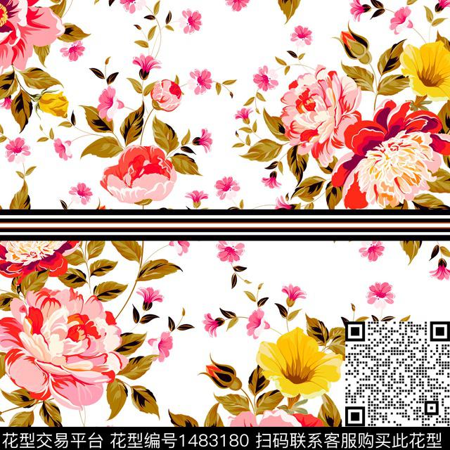 条纹手绘花卉混合拼接数码印花华亿平台下载（图片编号: 1483180） - 瓦栏（Walan）