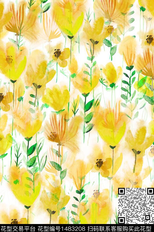 抽象花卉大牌风小清新数码印花华亿平台下载（图片编号: 1483208） - 瓦栏（Walan）