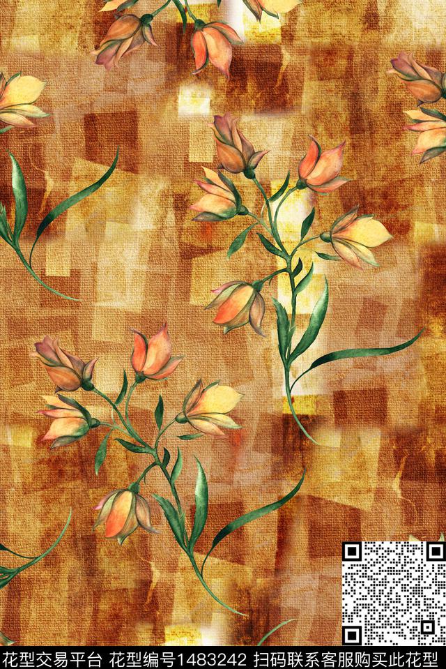 格子花卉大牌风数码印花华亿平台下载（图片编号: 1483242） - 瓦栏（Walan）