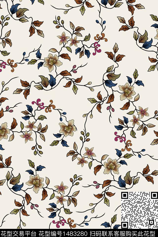 复古清爽底花卉花卉数码印花华亿平台下载（图片编号: 1483280） - 瓦栏（Walan）
