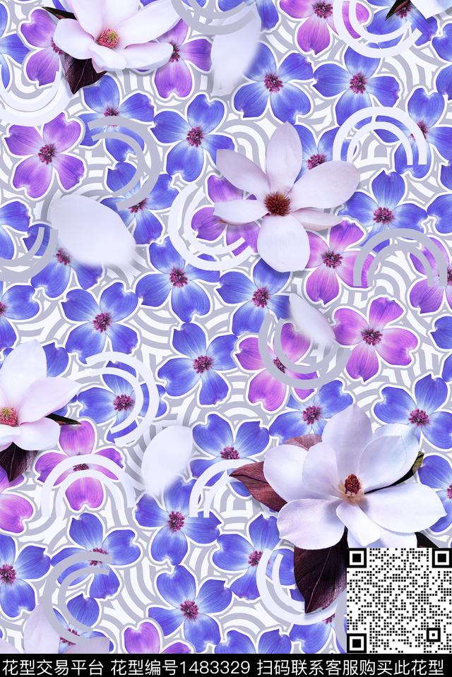 玉兰花线条中老年数码印花华亿平台下载（图片编号: 1483329） - 瓦栏（Walan）