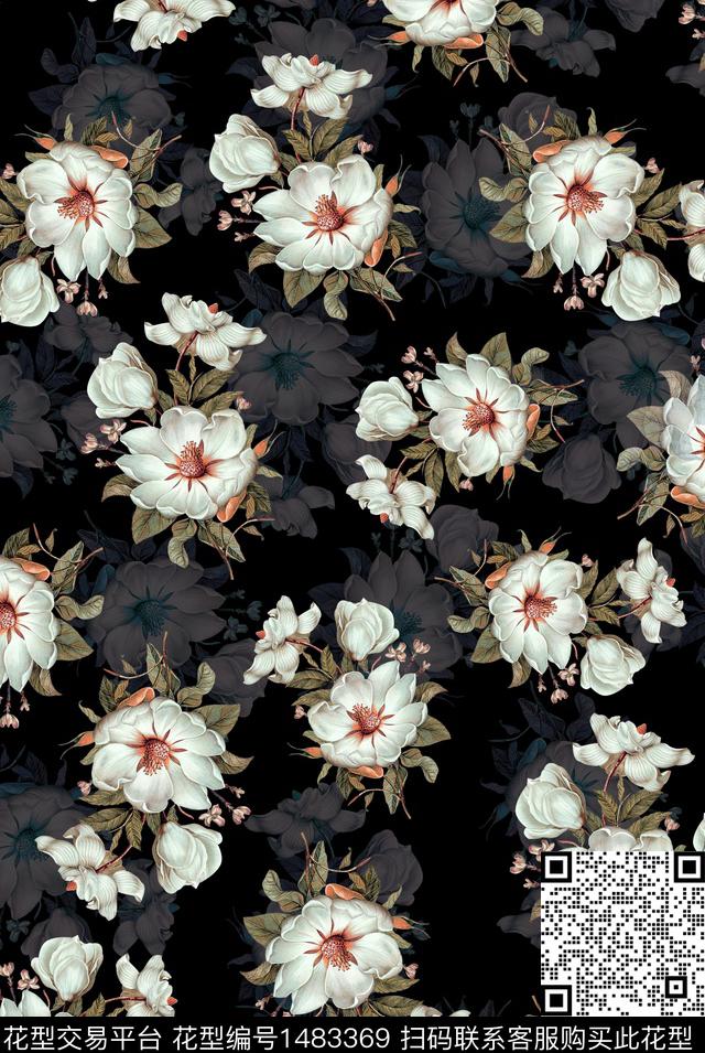 黑底花卉花卉小碎花数码印花华亿平台下载（图片编号: 1483369） - 瓦栏（Walan）