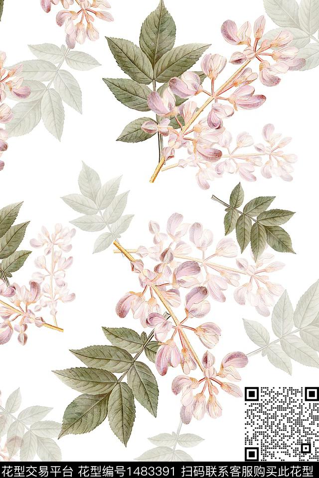 绿植树叶水彩大牌风数码印花华亿平台下载（图片编号: 1483391） - 瓦栏（Walan）