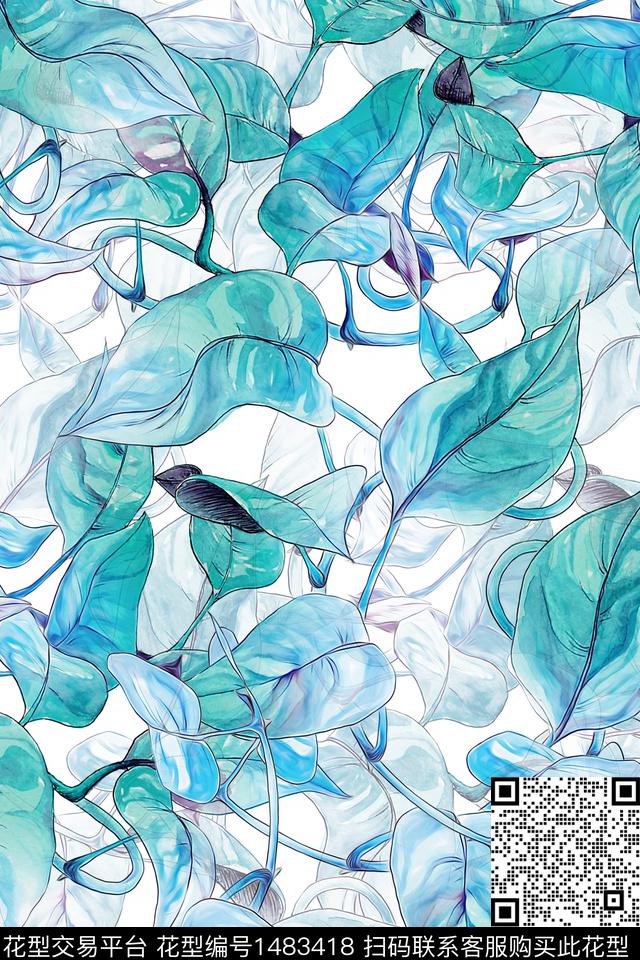 绿植树叶小清新真丝数码印花华亿平台下载（图片编号: 1483418） - 瓦栏（Walan）