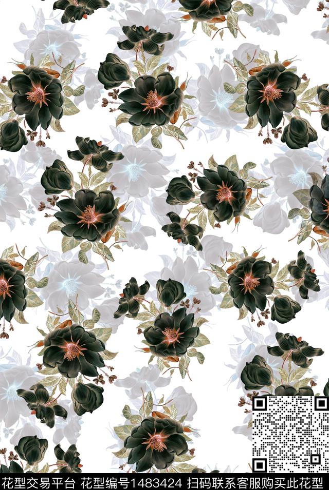 黑底花卉花卉小碎花数码印花华亿平台下载（图片编号: 1483424） - 瓦栏（Walan）