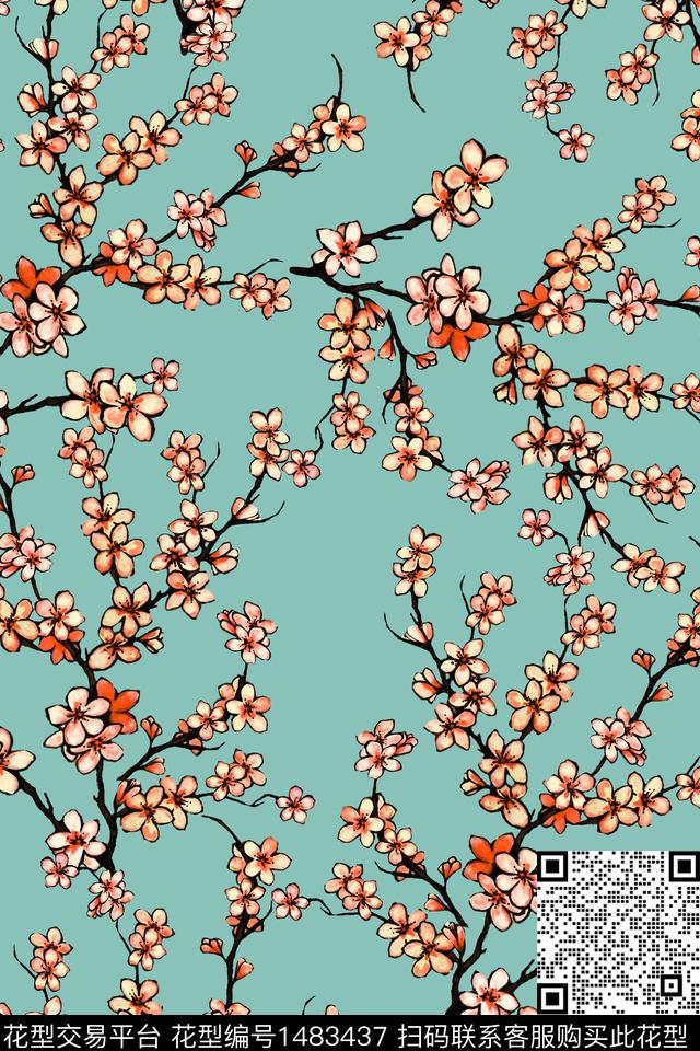 手绘桃花旗袍香云纱小碎花小清新数码印花华亿平台下载（图片编号: 1483437） - 瓦栏（Walan）