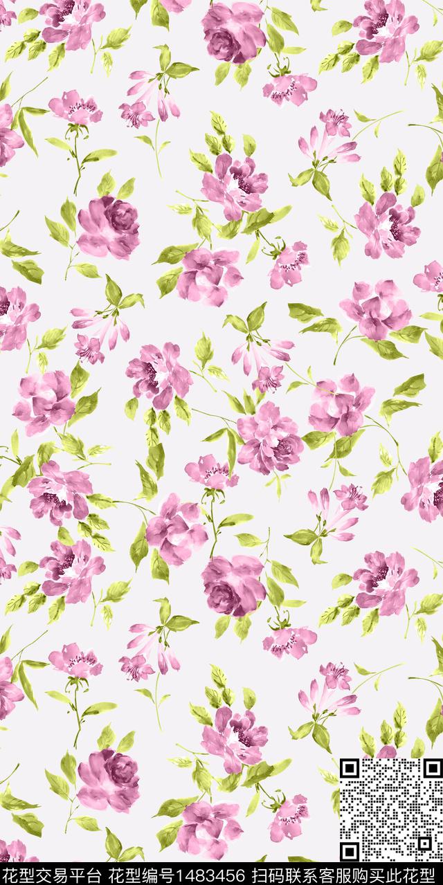 植物手绘花卉满版散花数码印花华亿平台下载（图片编号: 1483456） - 瓦栏（Walan）