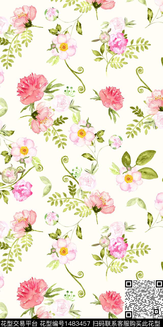 植物手绘花卉满版散花数码印花华亿平台下载（图片编号: 1483457） - 瓦栏（Walan）