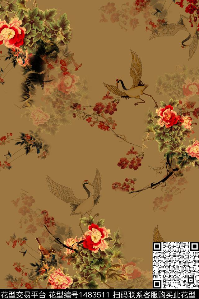 花卉香云纱中国风数码印花华亿平台下载（图片编号: 1483511） - 瓦栏（Walan）