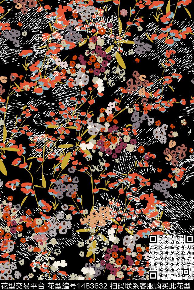 黑底花卉小碎花满版散花传统印花华亿平台下载（图片编号: 1483632） - 瓦栏（Walan）