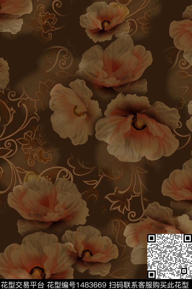 花卉香云纱真丝数码印花华亿平台下载（图片编号: 1483669） - 瓦栏（Walan）